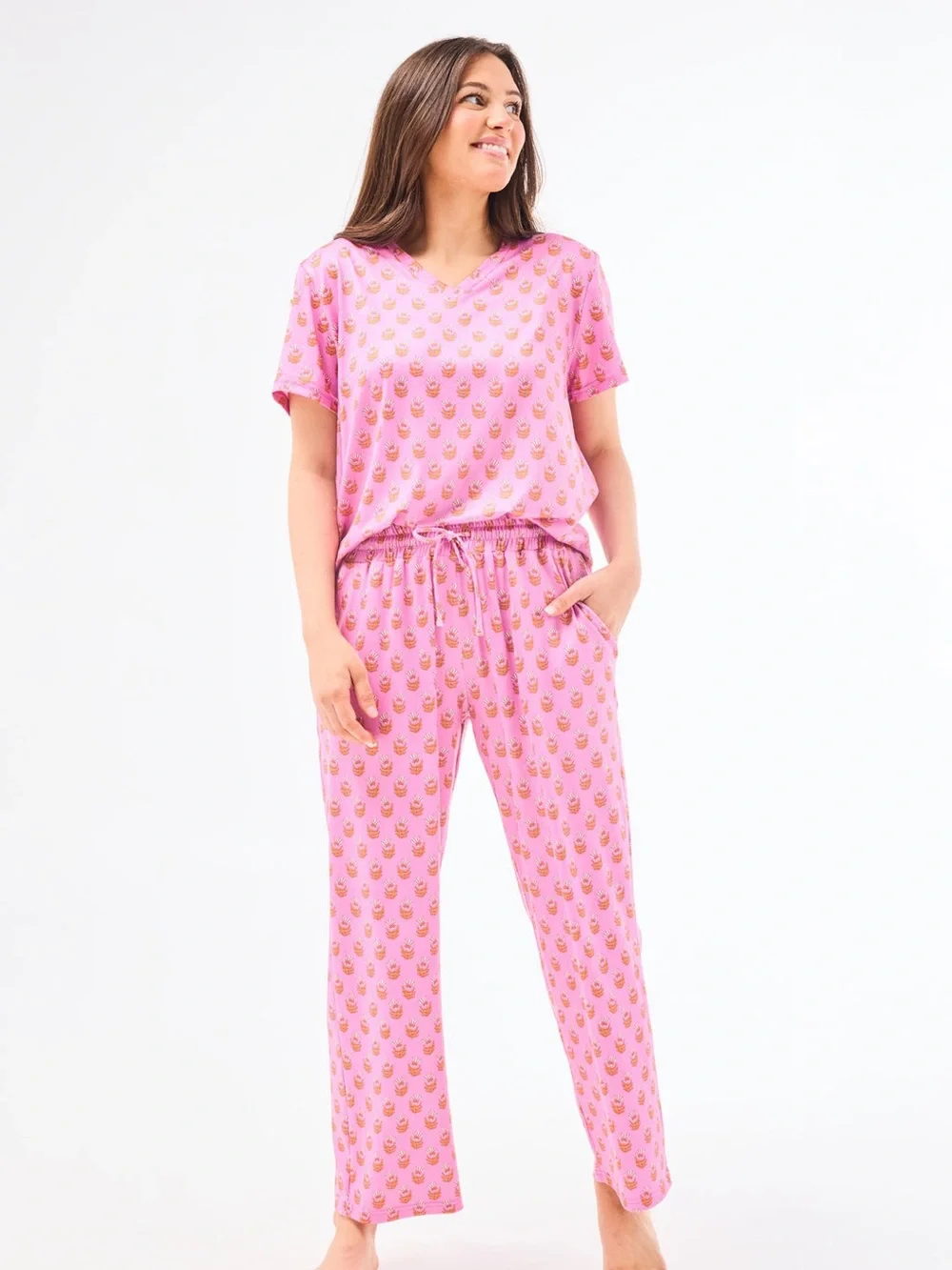 Mary Square Floral Foulard Pink Alli Short Sleeve V-Neck/Straigt Leg Pants Set